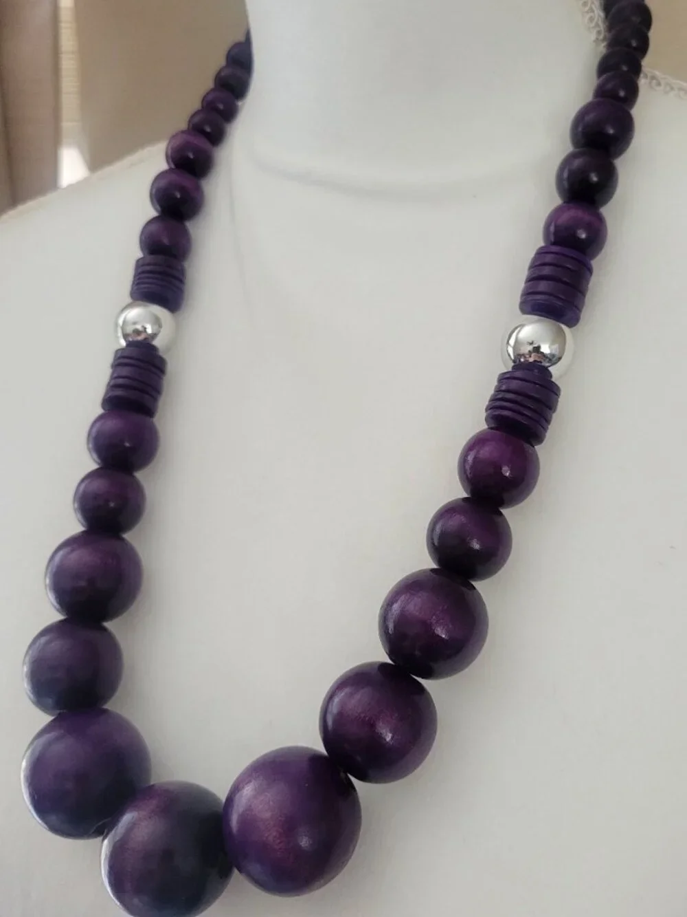 Vintage 1970s Purple and Silver Wooden Bead Necklace Hello Mrs Roper